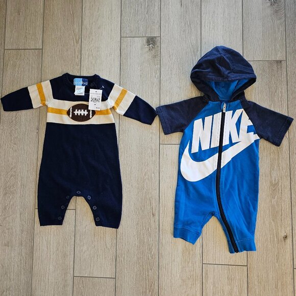 Baby Boy 3M GOOD LAD Football Patch Sweater Romper NWT and NIKE Hooded Romper - Picture 1 of 4